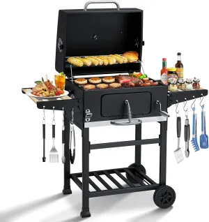 MELLCOM Charcoal Grill with Wood Foldable Side Table - Oversize BBQ Area with Individual Lifting Charcoal Trays & Thermometer, Charcoal Grill for Outdoor, Picnic
