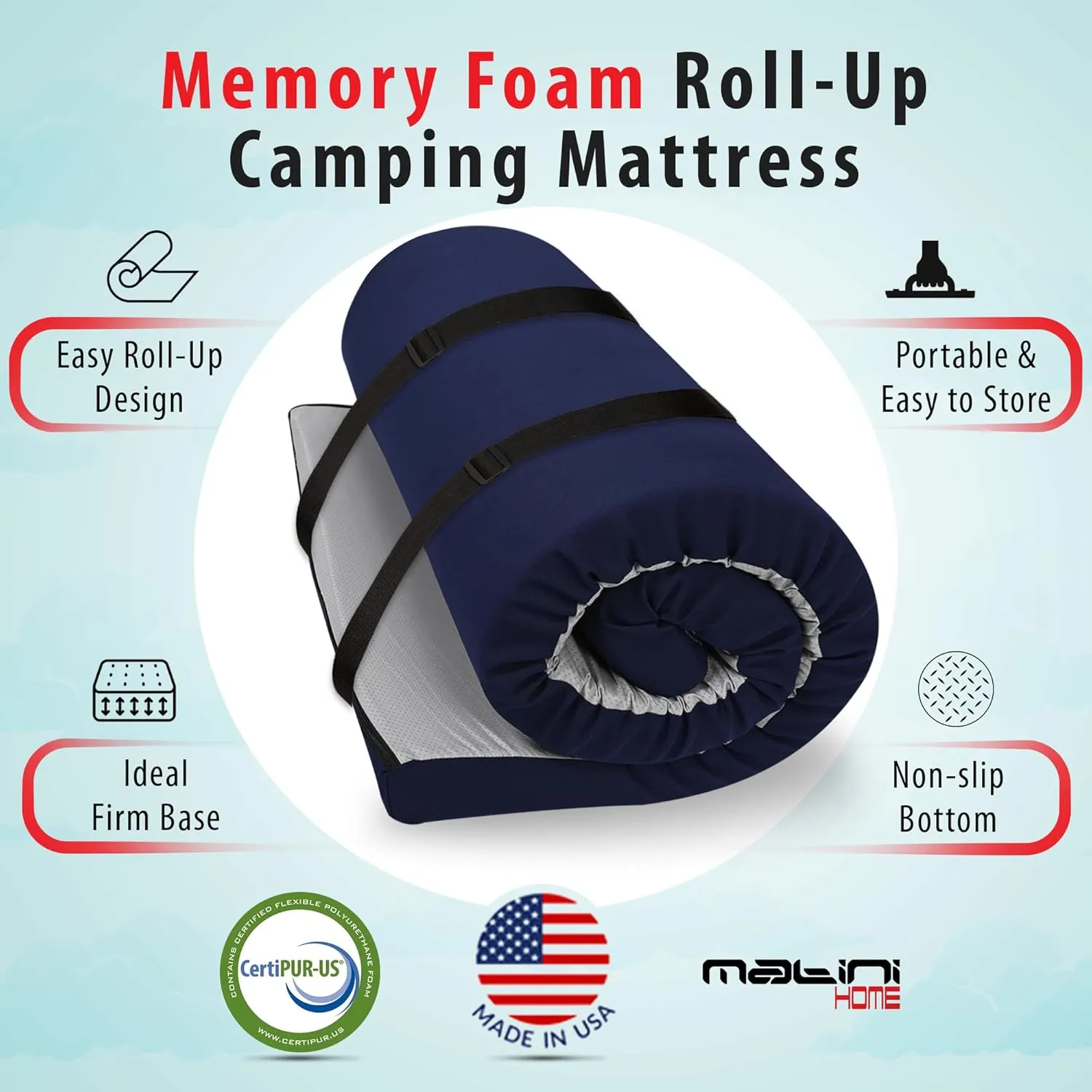 Memory Foam Roll-Up Camping Mattress with Water Resistant Zipper Cover, Foldable and Portable for Camping, RV Bunk, Tent, Guest Bed, Outdoor and Dorm
