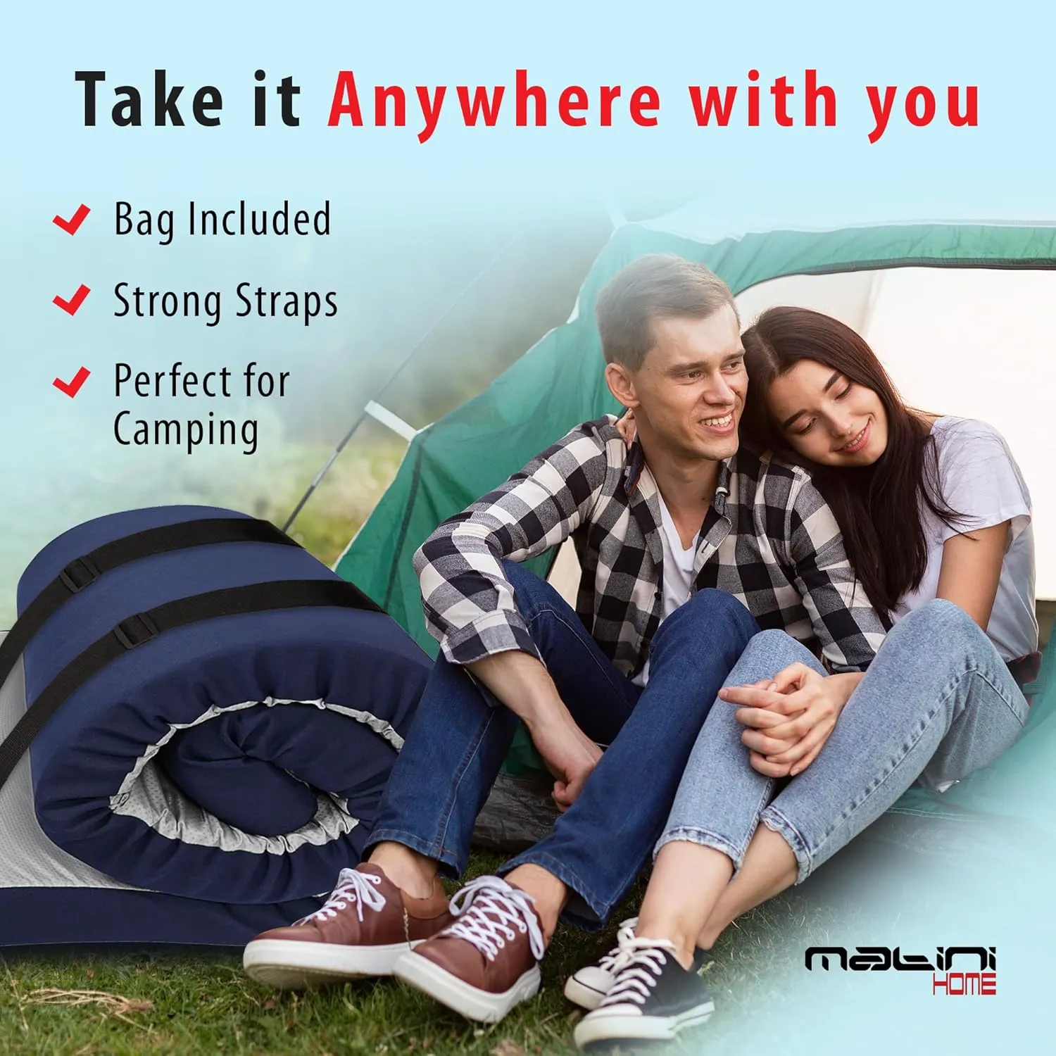 Memory Foam Roll-Up Camping Mattress with Water Resistant Zipper Cover, Foldable and Portable for Camping, RV Bunk, Tent, Guest Bed, Outdoor and Dorm