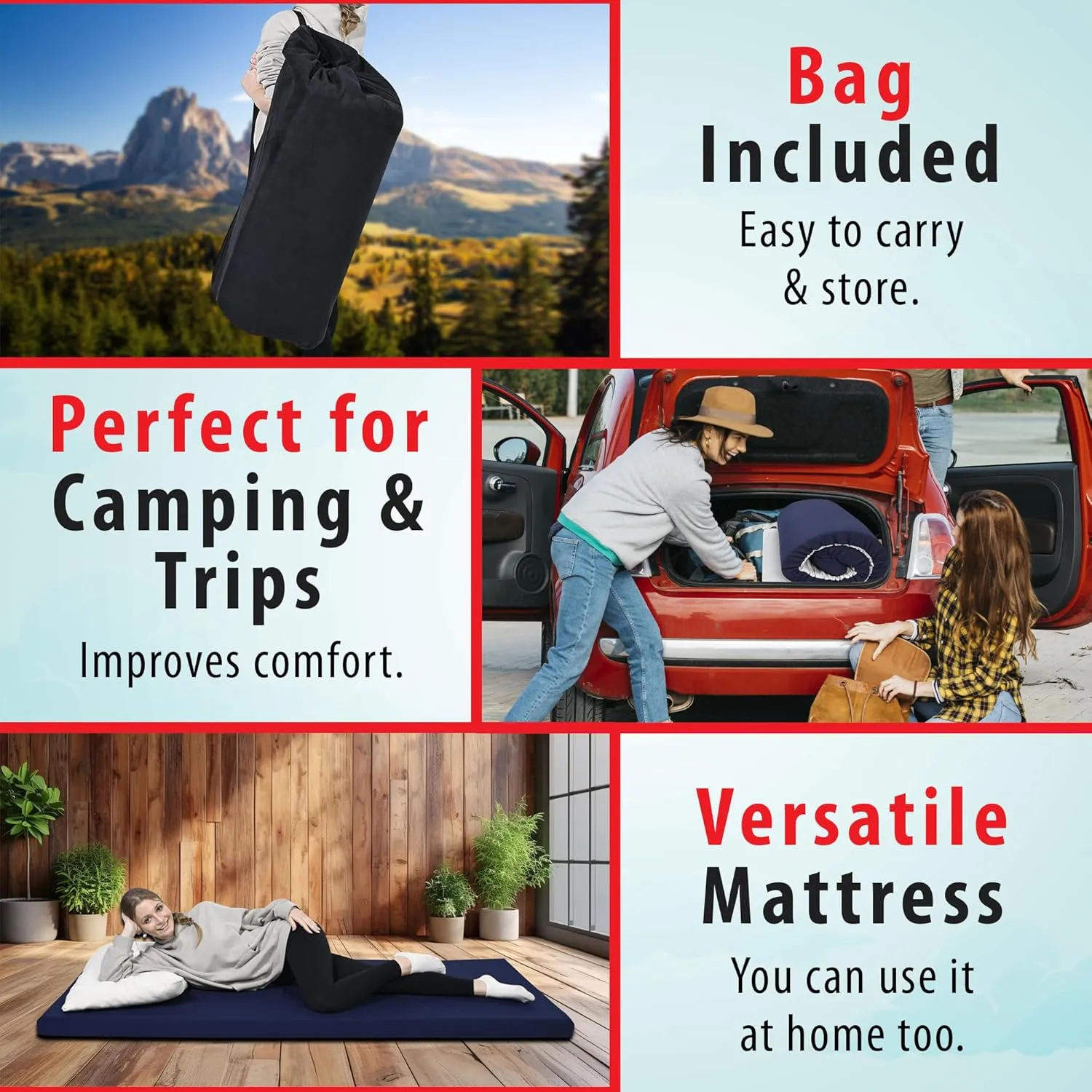Memory Foam Roll-Up Camping Mattress with Water Resistant Zipper Cover, Foldable and Portable for Camping, RV Bunk, Tent, Guest Bed, Outdoor and Dorm