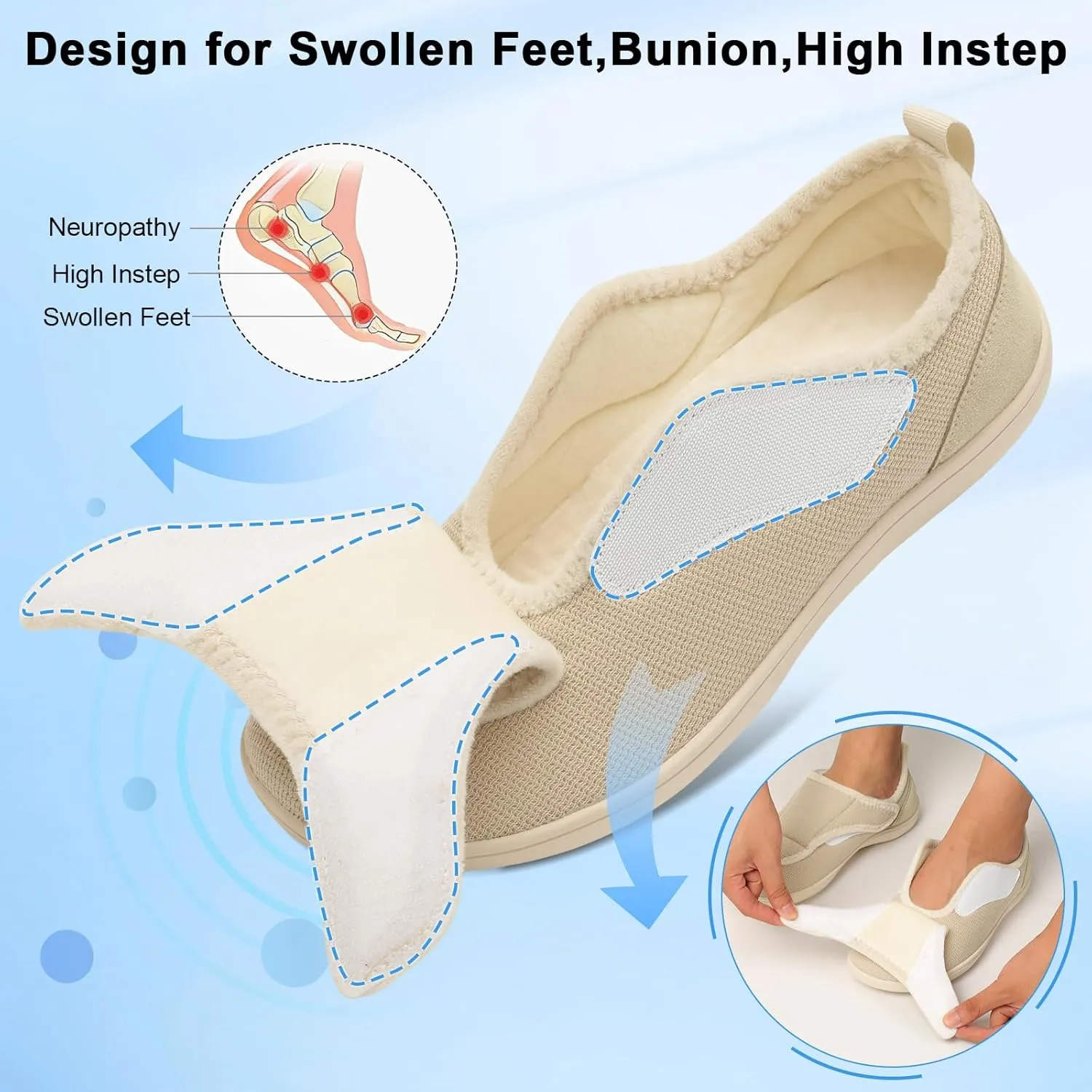 Mens Wide Slippers Comfy Diabetic Orthopedic Shoes Adjustable House Slippers Swollen Feet Walking Shoes