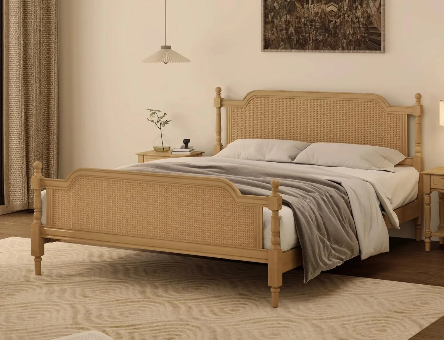 Merax King Bed Frame with Rattan Headboard and Footboard, Traditional Style Solid Pine Wood Platform, No Box Spring Needed, Walnut