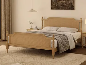 Merax King Bed Frame with Rattan Headboard and Footboard, Traditional Style Solid Pine Wood Platform, No Box Spring Needed, Walnut