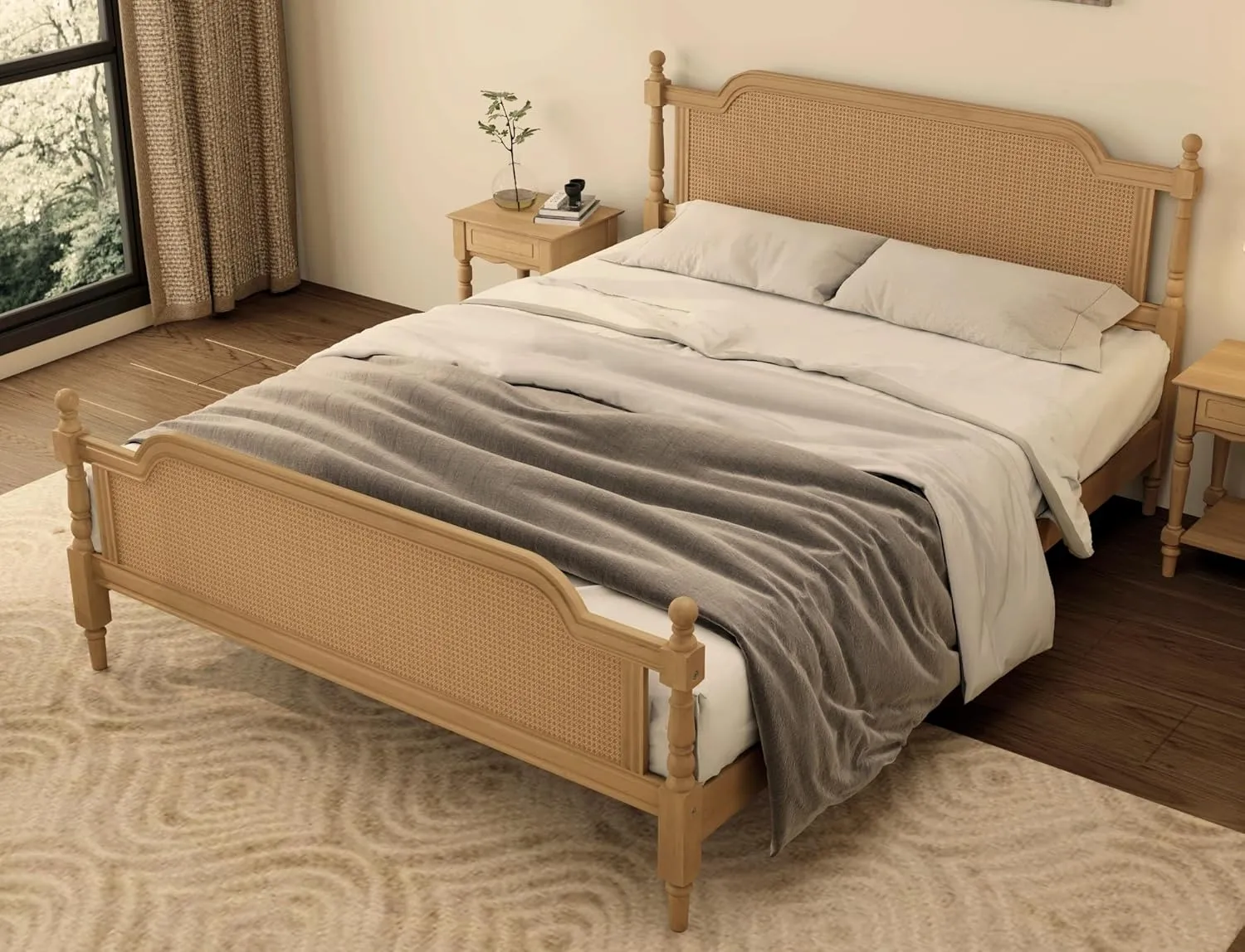 Merax King Bed Frame with Rattan Headboard and Footboard, Traditional Style Solid Pine Wood Platform, No Box Spring Needed, Walnut