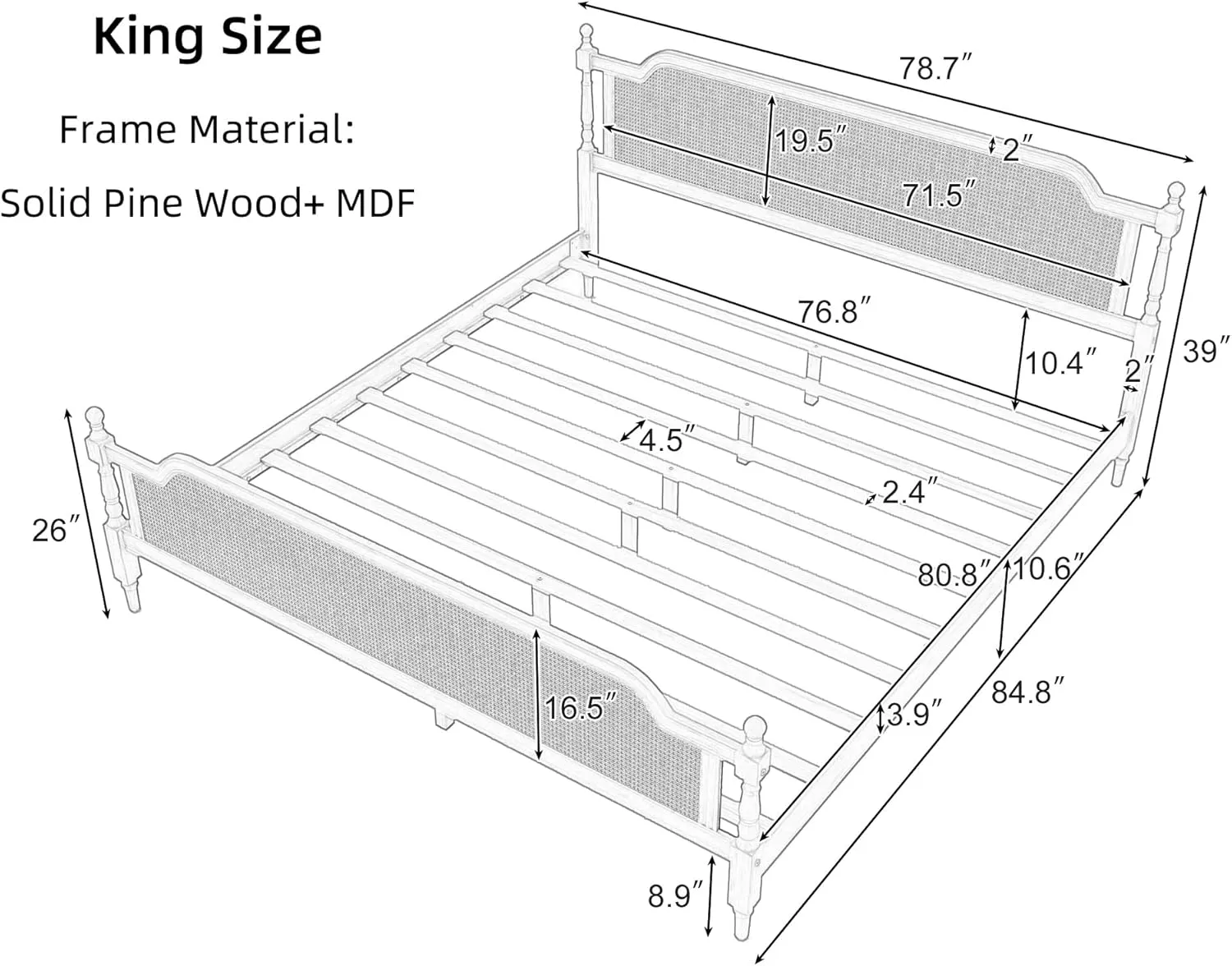 Merax King Bed Frame with Rattan Headboard and Footboard, Traditional Style Solid Pine Wood Platform, No Box Spring Needed, Walnut