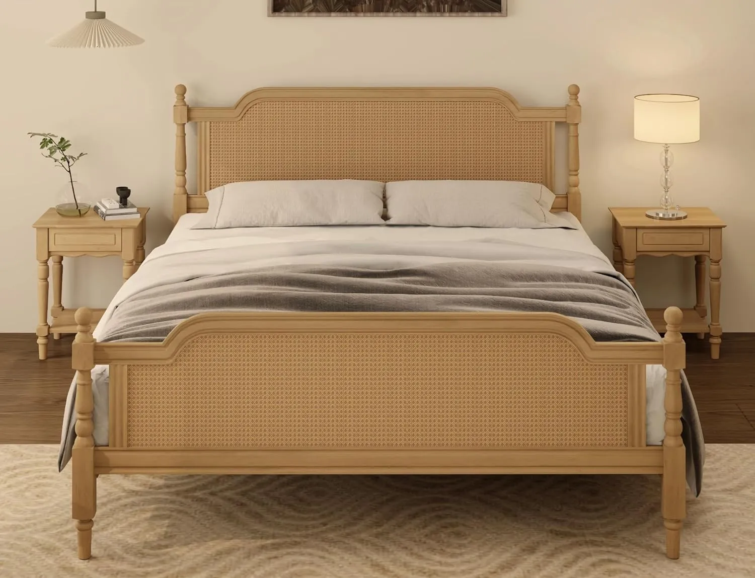 Merax King Bed Frame with Rattan Headboard and Footboard, Traditional Style Solid Pine Wood Platform, No Box Spring Needed, Walnut