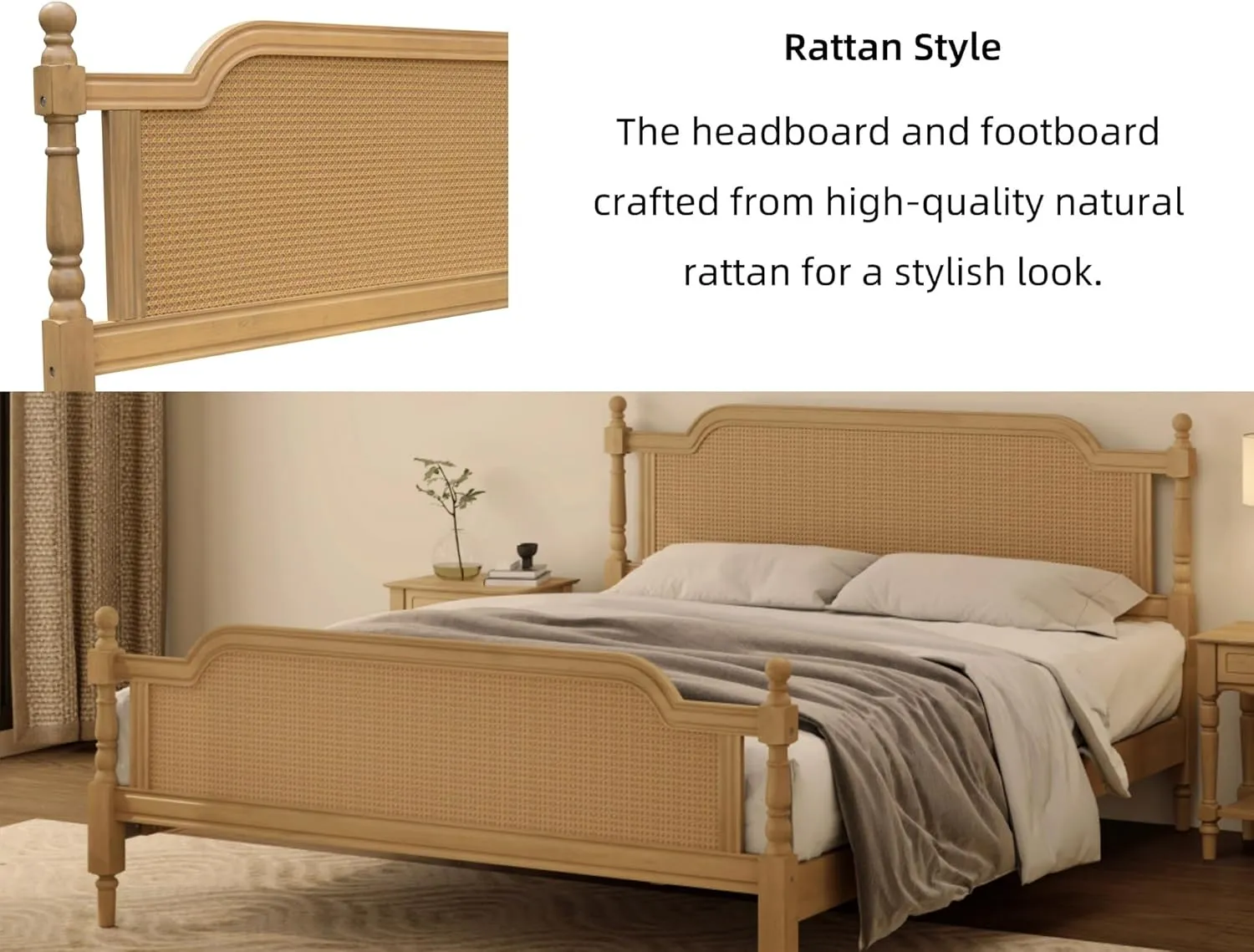 Merax King Bed Frame with Rattan Headboard and Footboard, Traditional Style Solid Pine Wood Platform, No Box Spring Needed, Walnut