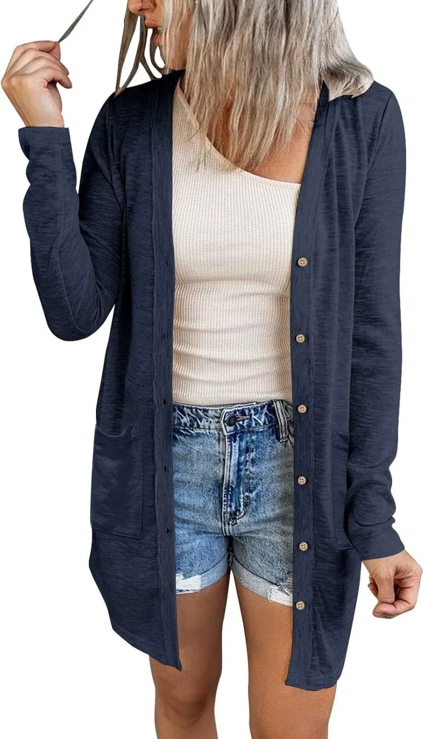 MEROKEETY Women's Open Front Lightweight Cardigan Long Sleeve Button Down Loose Outwear with Pockets