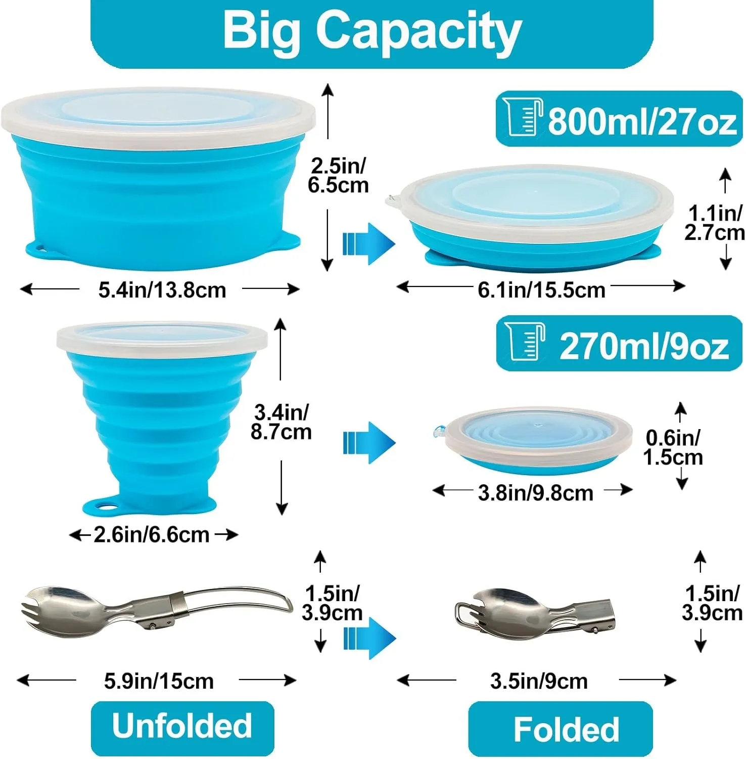 Mess Kit for Camping Silicone Collapsible Bowl Collapsible Cup and Stainless Steel Spoon for Backpacking Outdoor Hiking Traveling and Picnic
