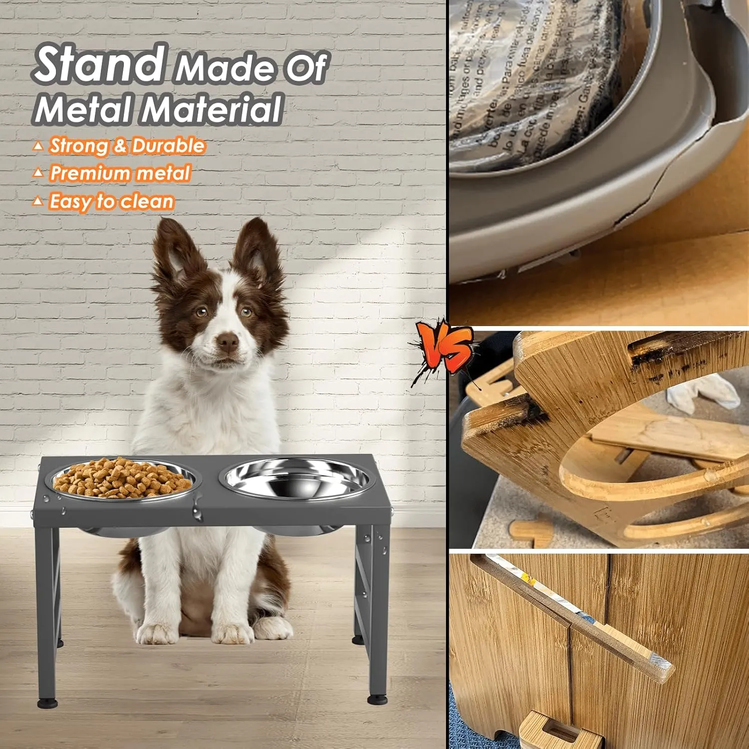 Metal Raised Dog Bowl for Large & Medium Bread, 10" Tall Elevate Dog Feeder Stand with 2 Stainless Steel 42oz Bowls & 16x24 Non-Slip Mat – Stronger Dogs Food & Water Bowl Stand(Grey)