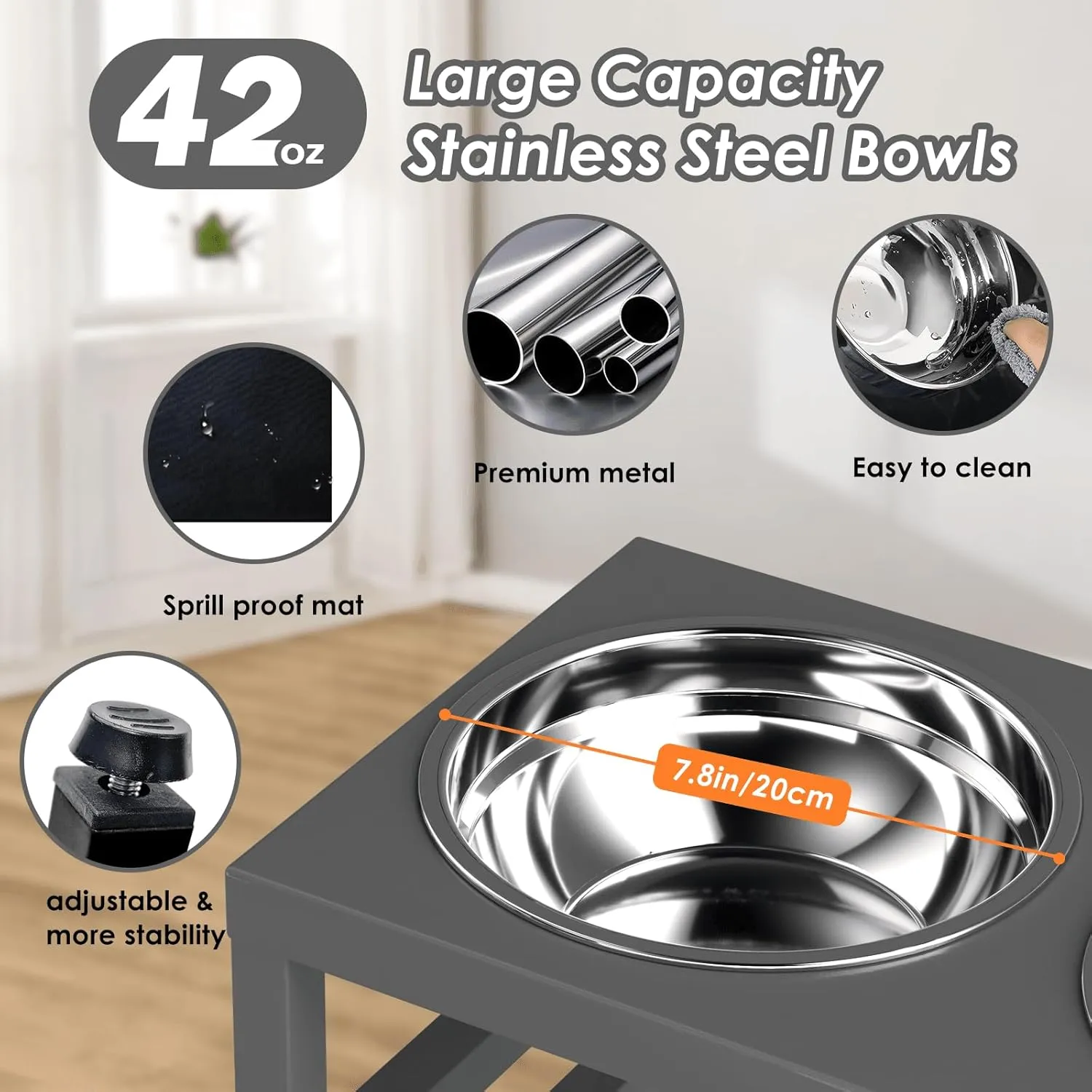 Metal Raised Dog Bowl for Large & Medium Bread, 10" Tall Elevate Dog Feeder Stand with 2 Stainless Steel 42oz Bowls & 16x24 Non-Slip Mat – Stronger Dogs Food & Water Bowl Stand(Grey)