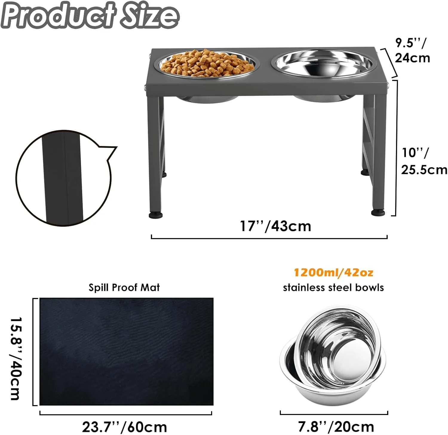 Metal Raised Dog Bowl for Large & Medium Bread, 10" Tall Elevate Dog Feeder Stand with 2 Stainless Steel 42oz Bowls & 16x24 Non-Slip Mat – Stronger Dogs Food & Water Bowl Stand(Grey)