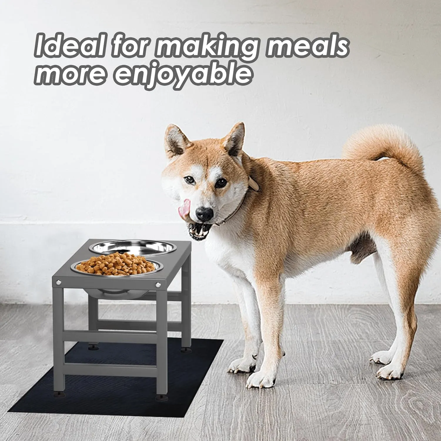 Metal Raised Dog Bowl for Large & Medium Bread, 10" Tall Elevate Dog Feeder Stand with 2 Stainless Steel 42oz Bowls & 16x24 Non-Slip Mat – Stronger Dogs Food & Water Bowl Stand(Grey)