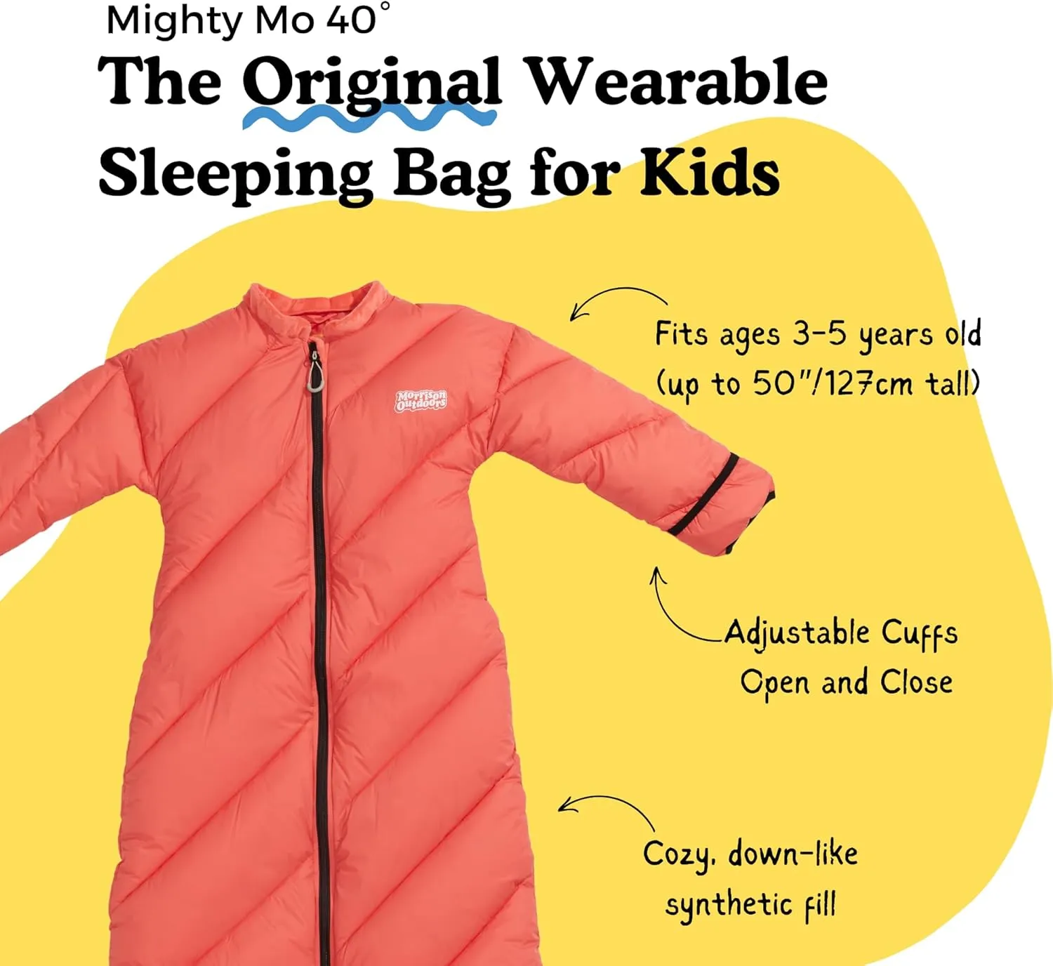 Mighty Mo 40° Kids Sleeping Bag (Ages 3-5). The Comfiest, Coziest Camping Sleeping Bag for Kids, with Adjustable Cuffs.
