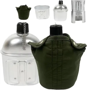 Military Canteen Set of 4, Canteen Cup Stove Pouch Kit, Portable Aluminum cookware Set, Suitable for Outdoor Survival, Camping, Backpacking, and Hunting.