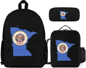 Minnesota State Flag Map Backpack with Lunch Box Pencil Case 3pcs for Work and Leisure Day Trips