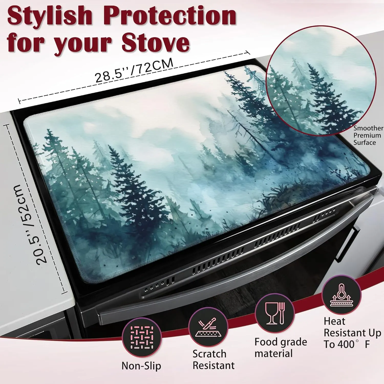 Misty Forest Stove Top Cover for Electric, Glass Ceramic Stove Cover, Heat Resistant Flat Stovetop Protector, Dish Drying Mats for Kitchen