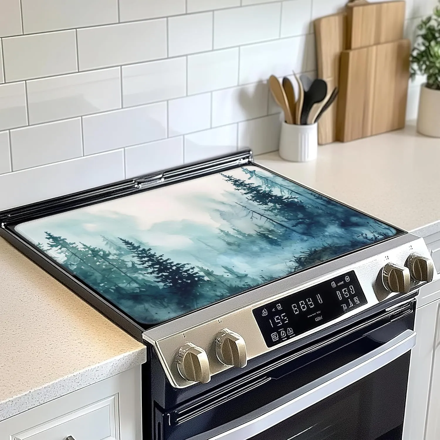 Misty Forest Stove Top Cover for Electric, Glass Ceramic Stove Cover, Heat Resistant Flat Stovetop Protector, Dish Drying Mats for Kitchen