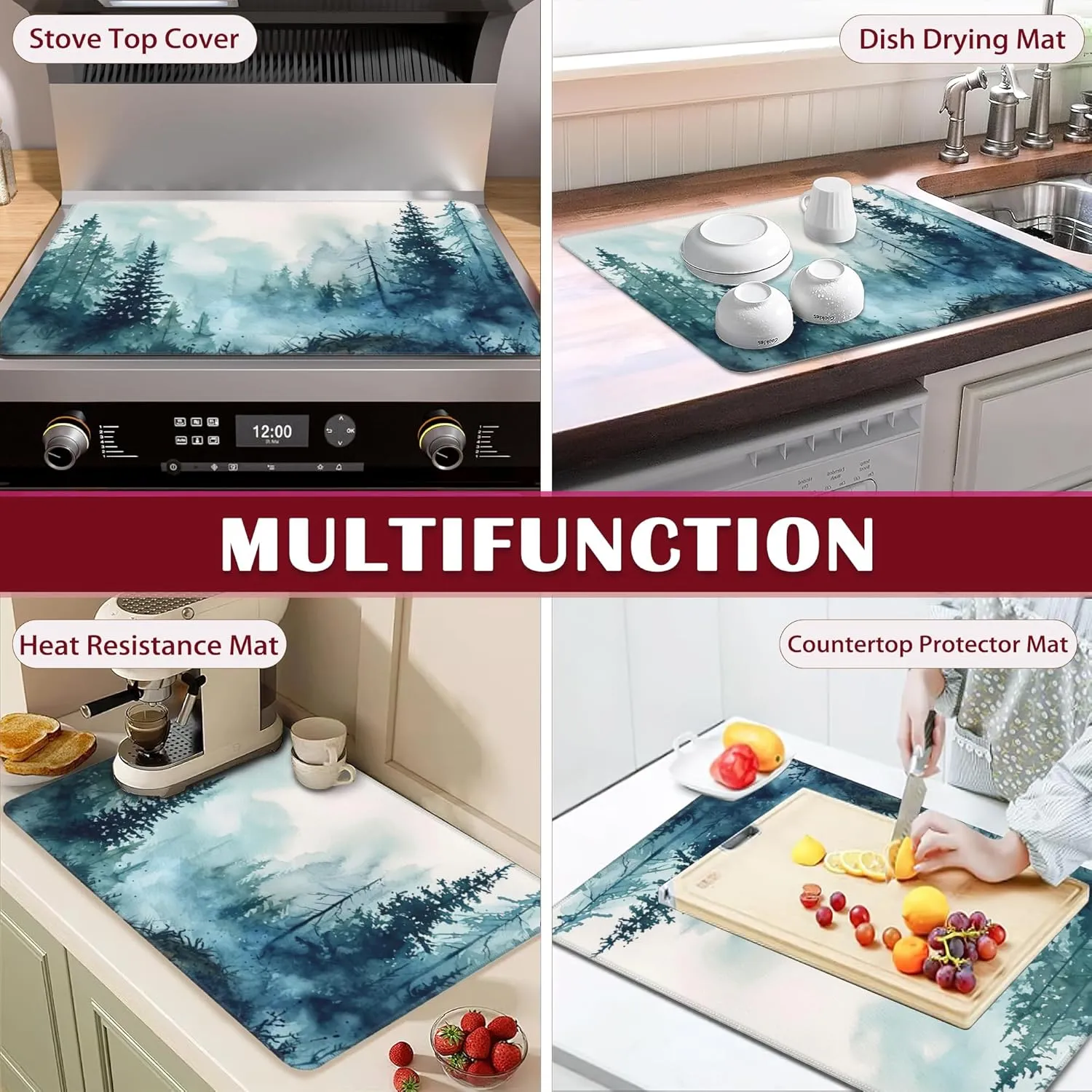 Misty Forest Stove Top Cover for Electric, Glass Ceramic Stove Cover, Heat Resistant Flat Stovetop Protector, Dish Drying Mats for Kitchen