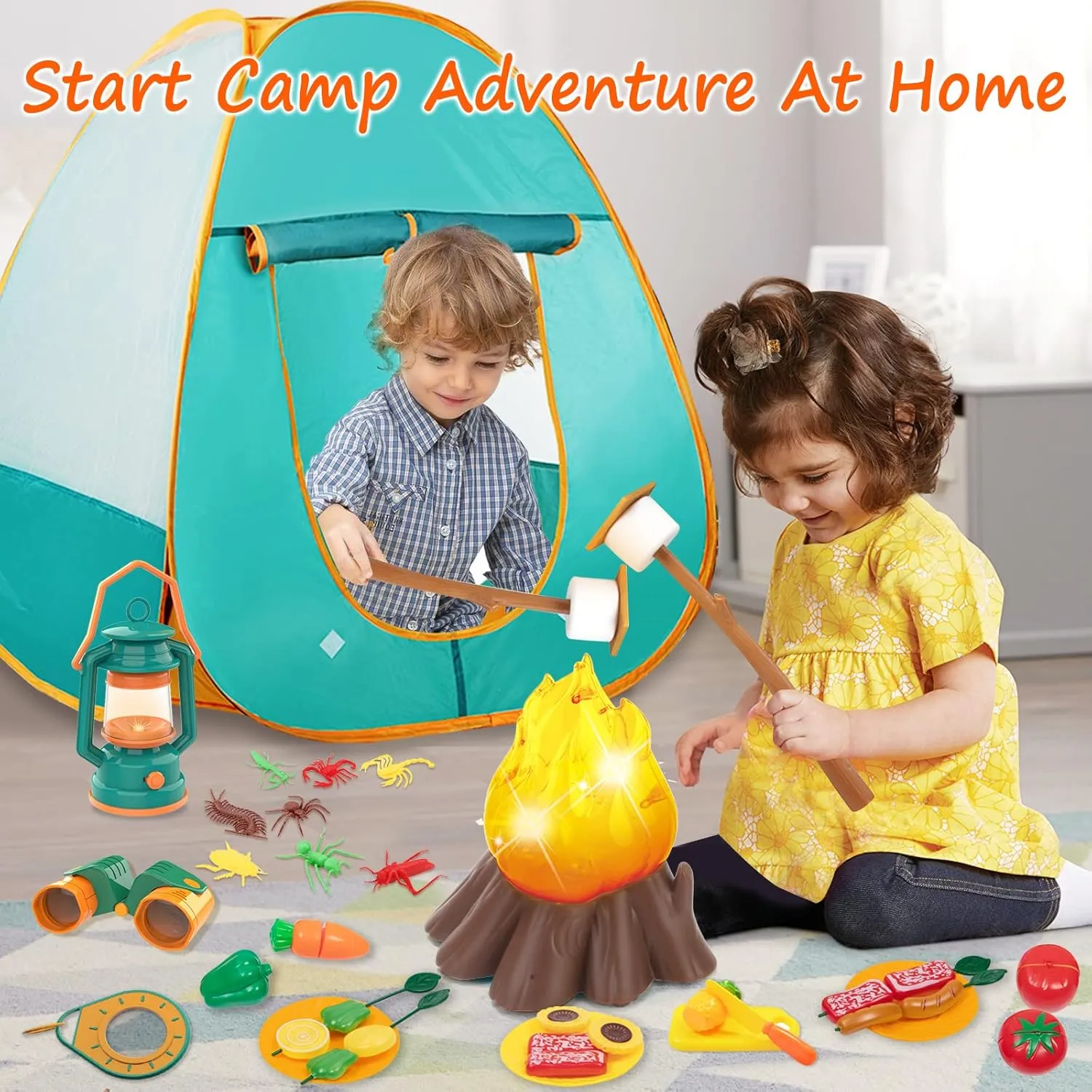 Mitcien Kids Camping Gear Set with Play Tent, Pretend Campfire, Fruits, Marshmallow, Camping Toys for Toddlers, Boys & Girls - Indoor & Outdoor Explore & Adventure