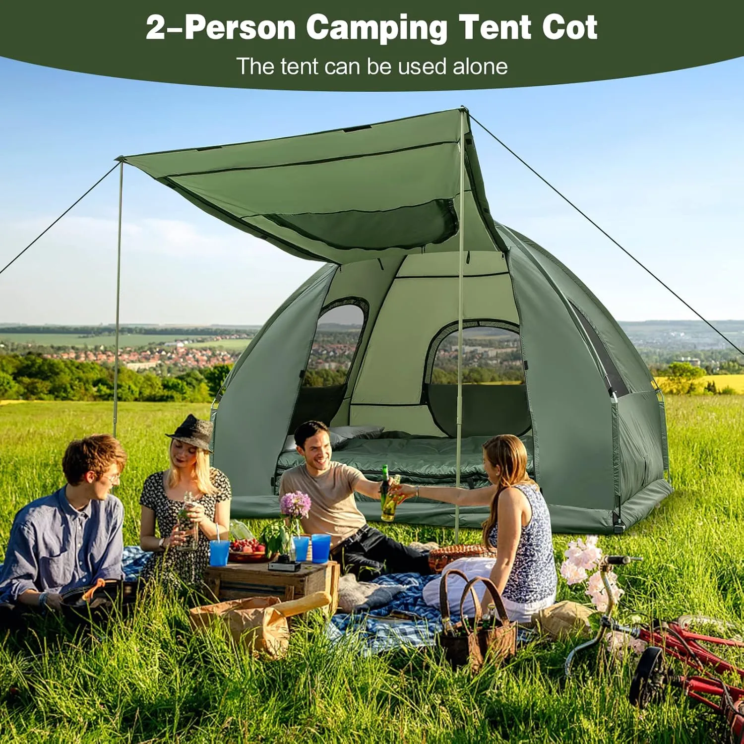 Moccha Folding Camping Tent Cot with Sleeping Bag and Air Mattress, Elevated Camping Tent with Carry Bag for Outdoor Activity, Hiking, Picnic