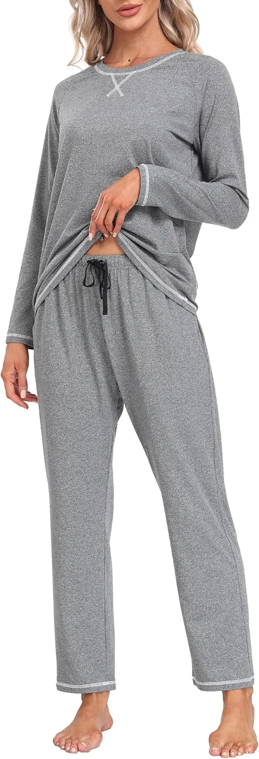 MoFiz Women's Pajamas Sets Long Sleeve with Plaid Pants Soft Sleepwear 2 Piece Pjs Lightweight Lounge Set with Pockets