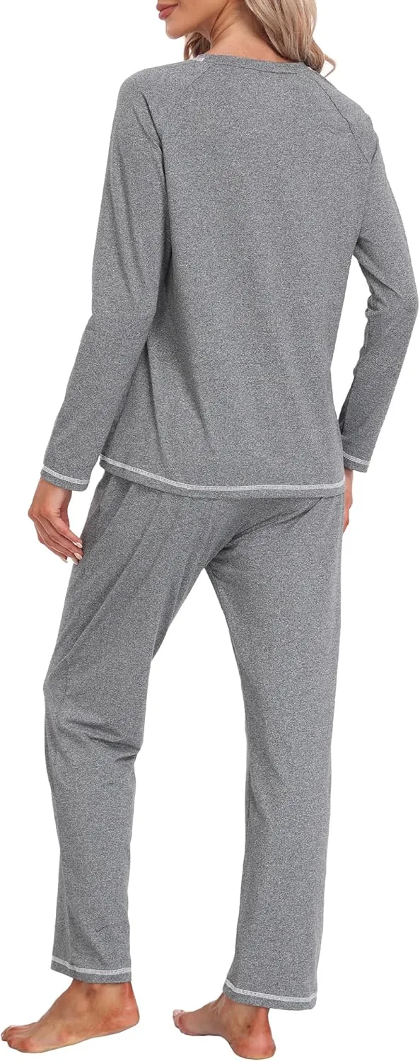 MoFiz Women's Pajamas Sets Long Sleeve with Plaid Pants Soft Sleepwear 2 Piece Pjs Lightweight Lounge Set with Pockets