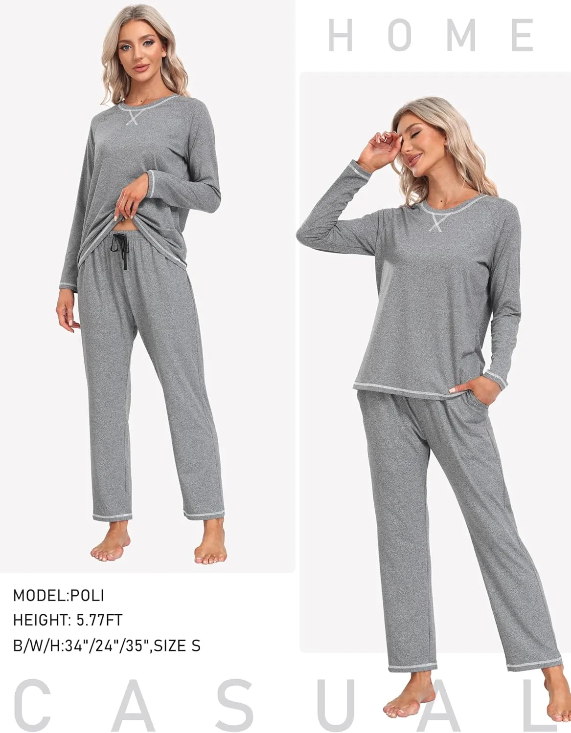 MoFiz Women's Pajamas Sets Long Sleeve with Plaid Pants Soft Sleepwear 2 Piece Pjs Lightweight Lounge Set with Pockets