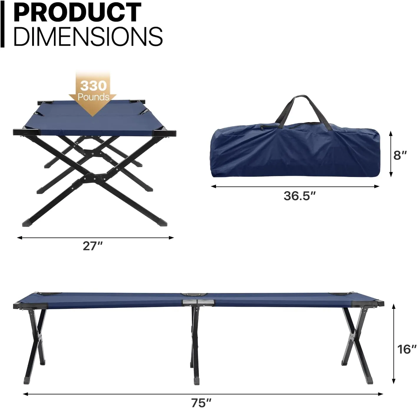 MoNiBloom Folding Sleeping Cot for Adults, Portable Traveling Bed with Carry Bag Load Up to 330lbs Capacity, Navy Blue
