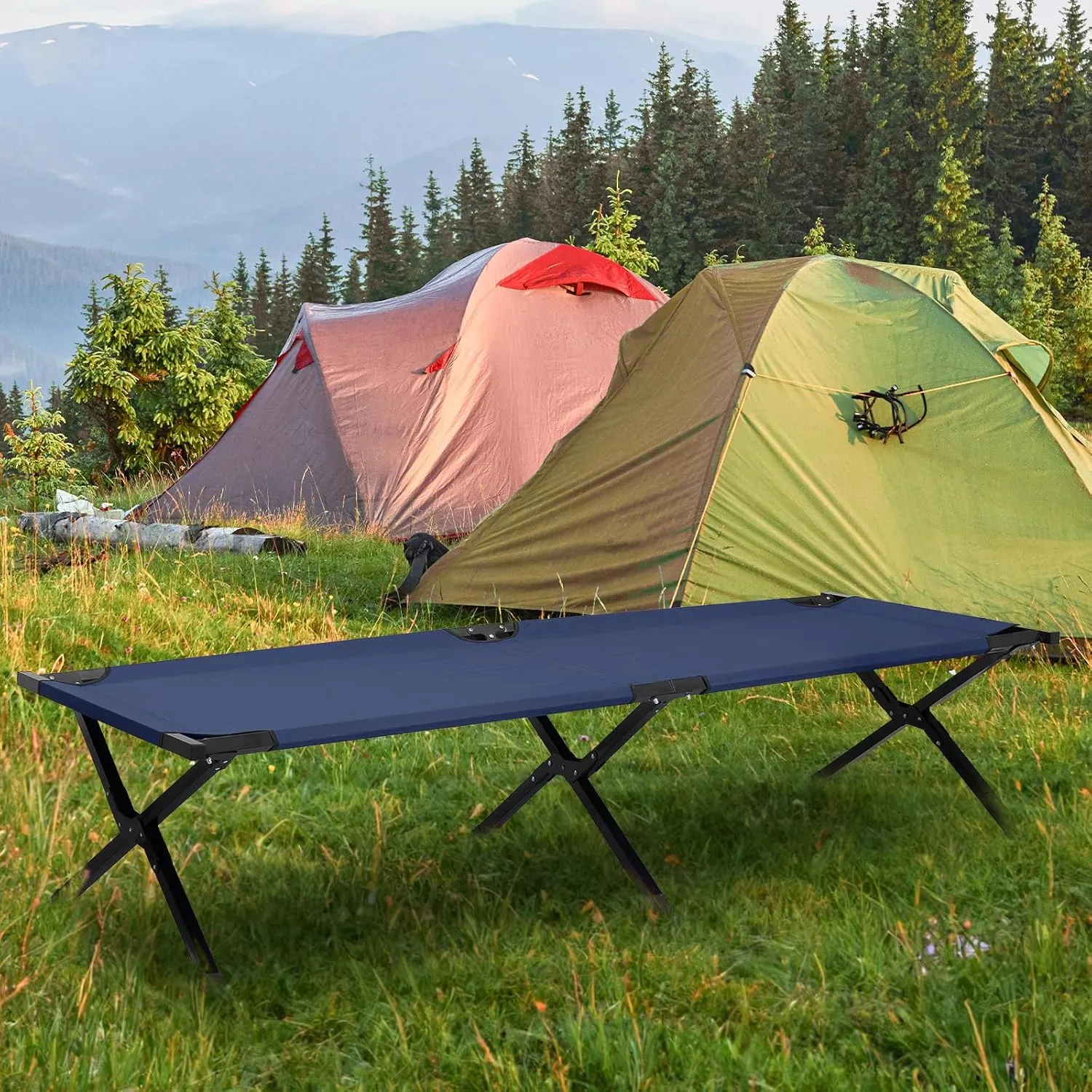 MoNiBloom Folding Sleeping Cot for Adults, Portable Traveling Bed with Carry Bag Load Up to 330lbs Capacity, Navy Blue