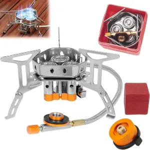 Moose Rocket Stove, Outdoor Portable Double-Layer Windproof Three-Burner Stove, Equipped with Storage Box and Conversion Connector, Suitable for Mountaineering and Camping Equipment (Silver 1.0)