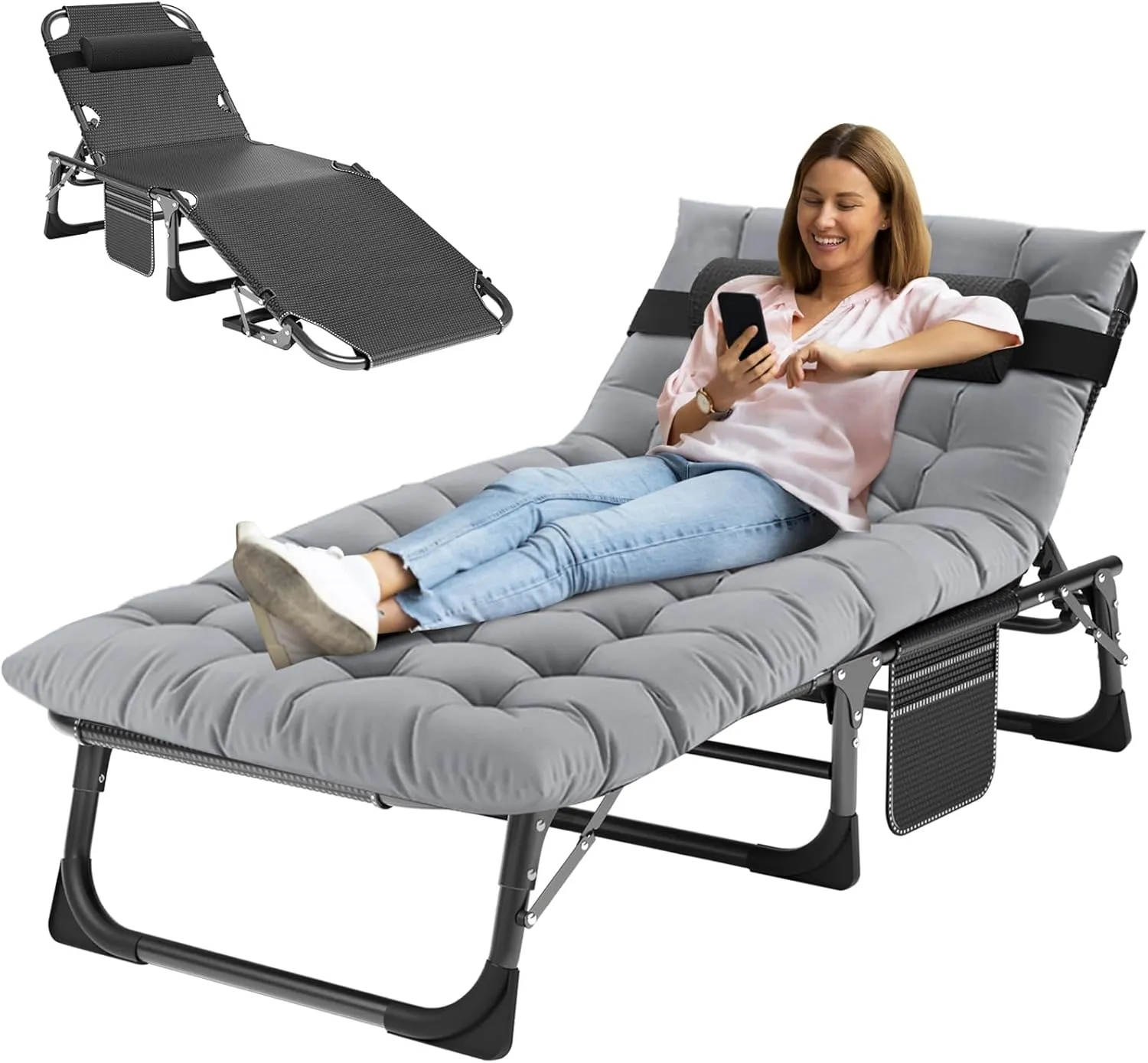 MOPHOTO Folding Chaise Lounge Chair 5-Position, Folding Cot, Heavy Duty Patio Chaise Lounges for Outside, Poolside, Beach, Lawn, Camping