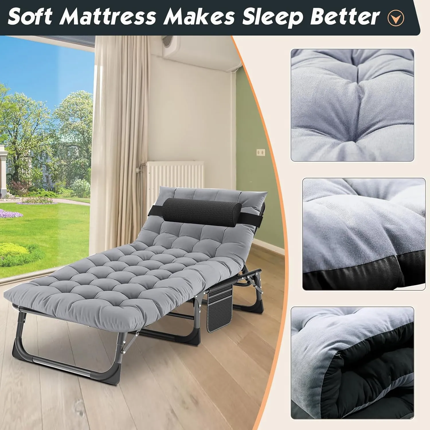 MOPHOTO Folding Chaise Lounge Chair 5-Position, Folding Cot, Heavy Duty Patio Chaise Lounges for Outside, Poolside, Beach, Lawn, Camping