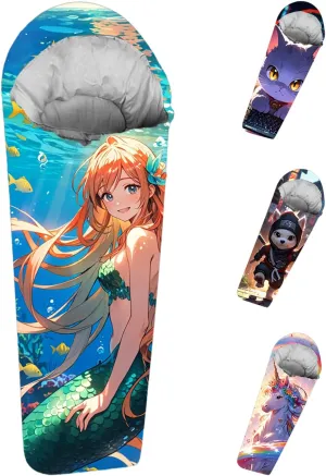Mummy Style 32 – 59F Kids Sleeping Bag with Pillow Sleeve, Full Scale Digital Printing Unicorn, Mermaid, Kitty or Puppy, Lightweight, Ideal for Camping, Sleepover, Boys, Girls, Youth and Toddlers