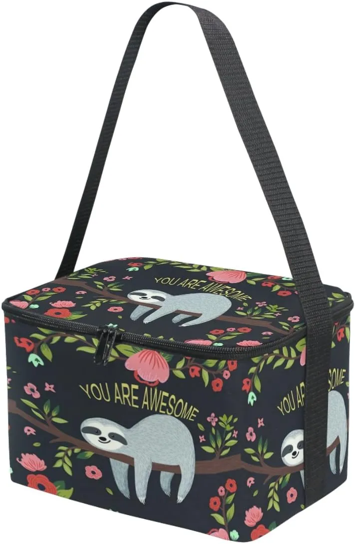 Naanle Cute Sloth on Tree Insulated Canvas Zipper Lunch Bag Cooler Tote Bag for Adult Teens Girls Boys Men Women, Animal Sloth Long Strap Lunch Boxes Lunchboxes Meal Prep Handbag