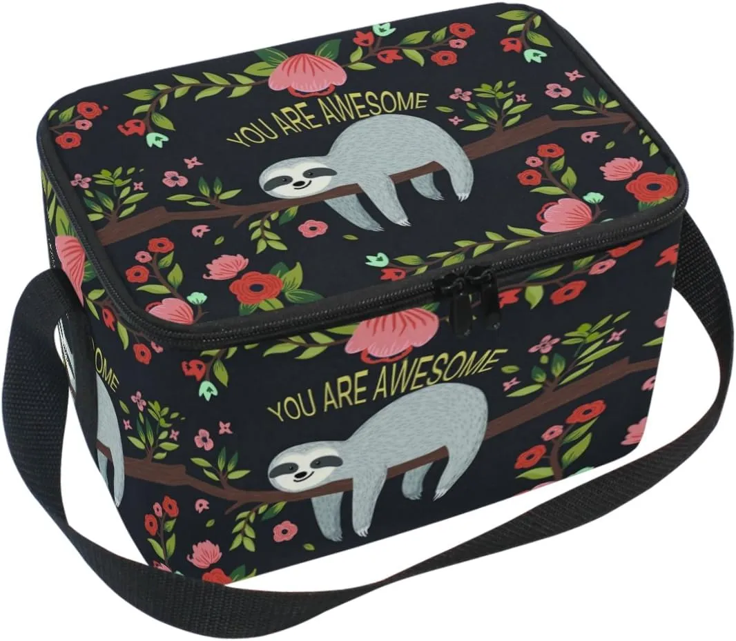 Naanle Cute Sloth on Tree Insulated Canvas Zipper Lunch Bag Cooler Tote Bag for Adult Teens Girls Boys Men Women, Animal Sloth Long Strap Lunch Boxes Lunchboxes Meal Prep Handbag