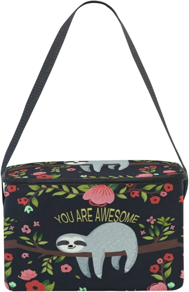 Naanle Cute Sloth on Tree Insulated Canvas Zipper Lunch Bag Cooler Tote Bag for Adult Teens Girls Boys Men Women, Animal Sloth Long Strap Lunch Boxes Lunchboxes Meal Prep Handbag