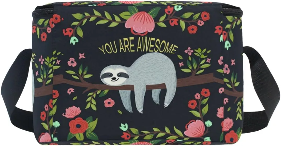 Naanle Cute Sloth on Tree Insulated Canvas Zipper Lunch Bag Cooler Tote Bag for Adult Teens Girls Boys Men Women, Animal Sloth Long Strap Lunch Boxes Lunchboxes Meal Prep Handbag