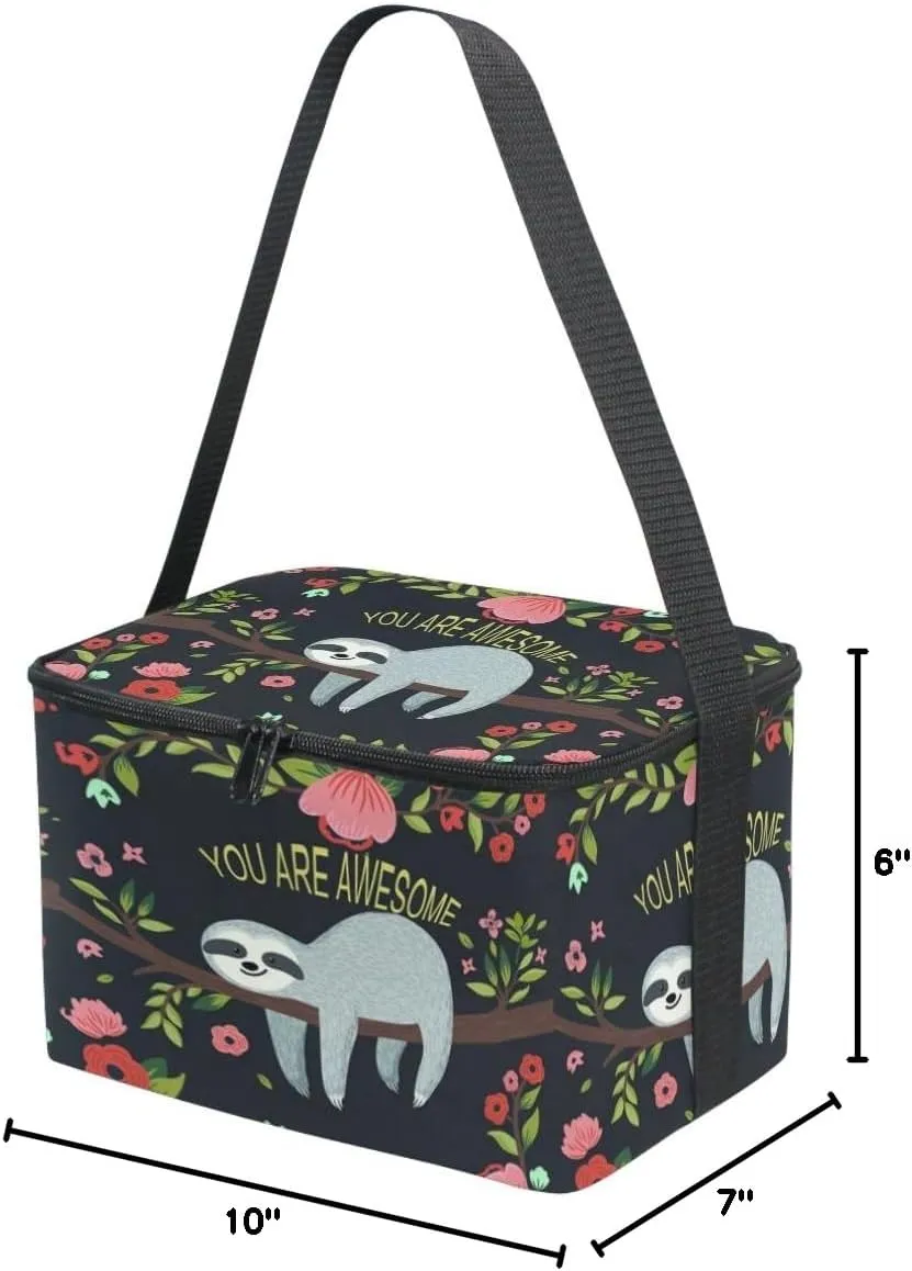 Naanle Cute Sloth on Tree Insulated Canvas Zipper Lunch Bag Cooler Tote Bag for Adult Teens Girls Boys Men Women, Animal Sloth Long Strap Lunch Boxes Lunchboxes Meal Prep Handbag
