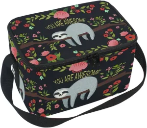Naanle Cute Sloth on Tree Insulated Canvas Zipper Lunch Bag Cooler Tote Bag for Adult Teens Girls Boys Men Women, Animal Sloth Long Strap Lunch Boxes Lunchboxes Meal Prep Handbag