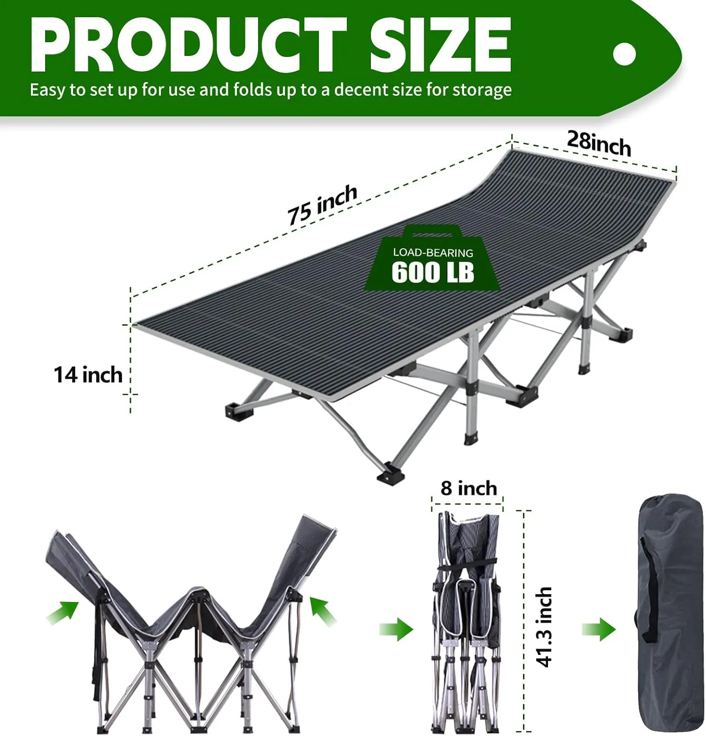NAIZEA Folding Camping Cots for Adults, Folding Cot with Mattress Camping Bed Camp Cot Portable Military Cot, Double Layer Oxford Strong Heavy Duty Sleeping Cots with Carry Bag for Camp Office Use