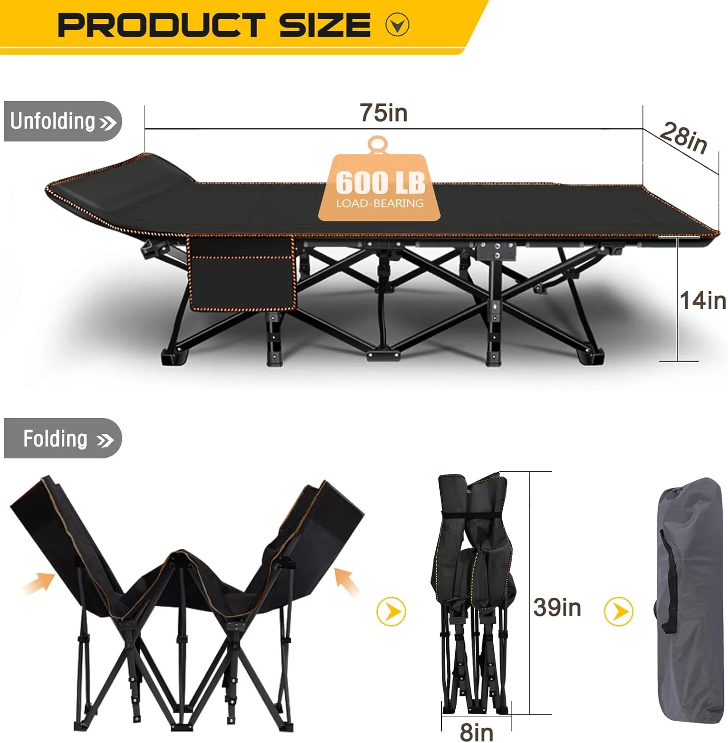 NAIZEA Folding Camping Cots for Adults, Portable Cot with Mattress Heavy Duty Outdoor Bed with Carry Bag 1200d Oxford Cloth Sleeping Cots for Camping Office Nap Home Guest Beach Travel