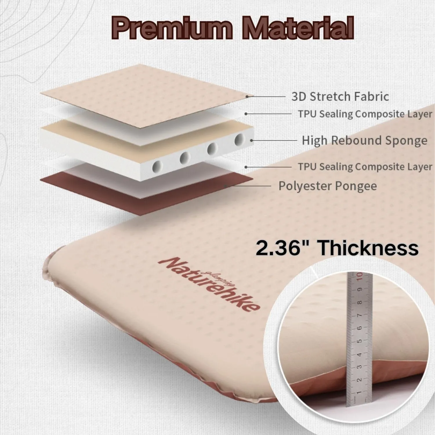 Naturehike 2.36" Thick Self Inflating 1 & 2 Person Sleeping Pad,Quick Insulated & Portable Air Mattress for Backpacking, Hiking, Travel, Tent (Khaki, Double)
