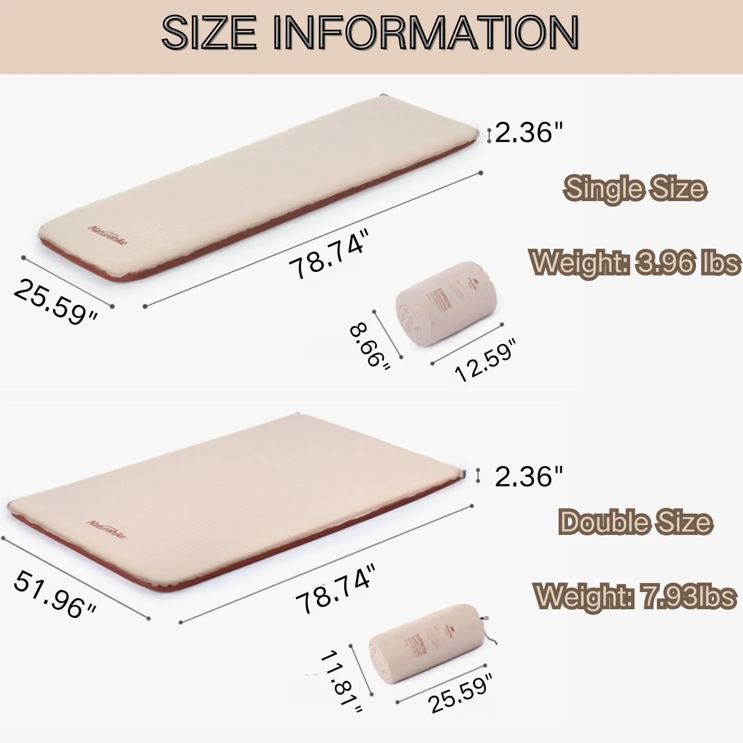 Naturehike 2.36" Thick Self Inflating 1 & 2 Person Sleeping Pad,Quick Insulated & Portable Air Mattress for Backpacking, Hiking, Travel, Tent (Khaki, Double)