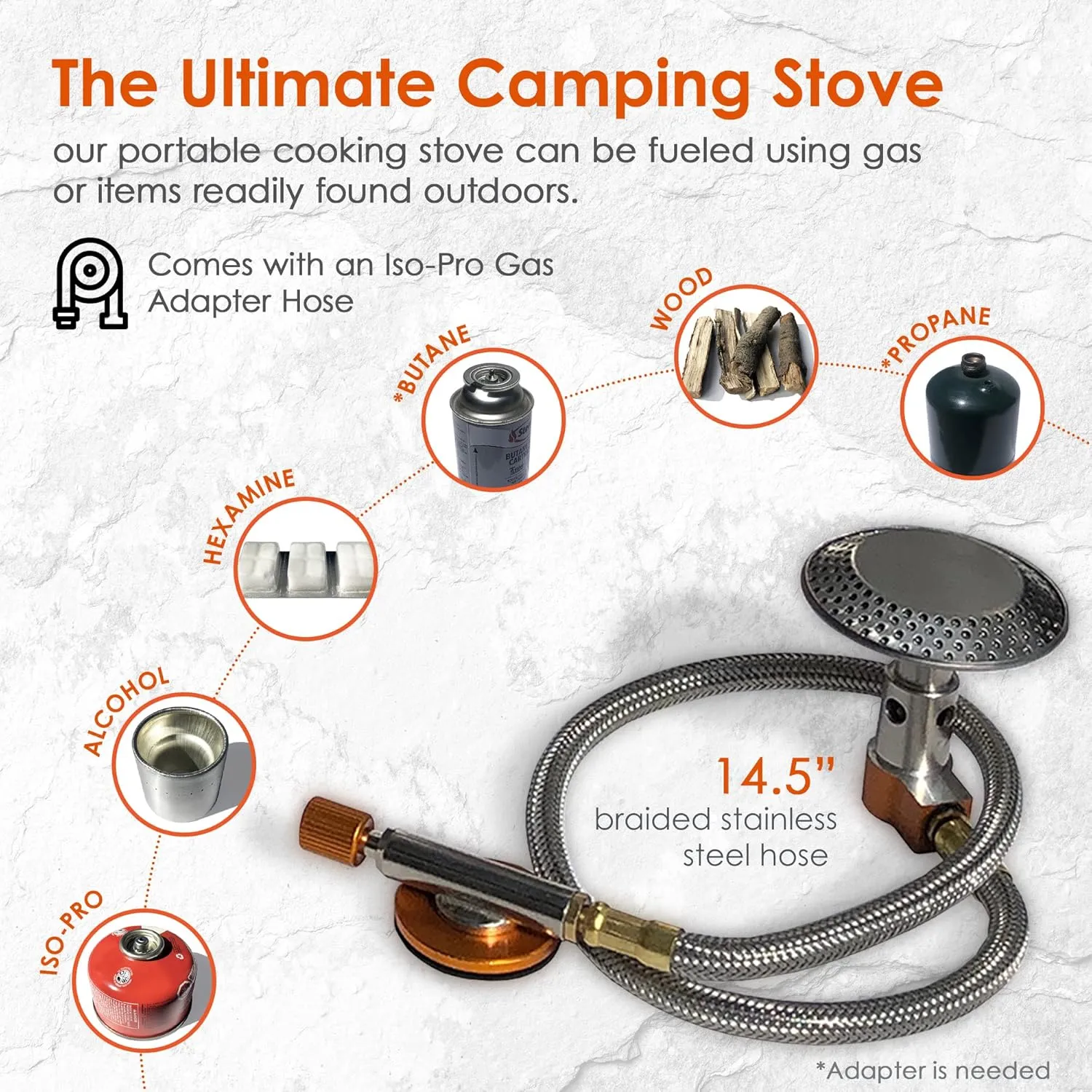 nCamp Kitchen to Go 5 Piece Bundle, Portable Compact Multi-Fuel Burning Camping Stove, ISO Propane Adapter, Elevated Bamboo Cutting Board Prep Surface, Cafe Coffee Maker, Carrying Bag, For Camping