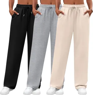 Neer 3 Pack Women's Yoga Pants with Pockets, High Waisted Cozy Lounge Pants Drawstring Sweatpants Loose Wide Leg Jogger