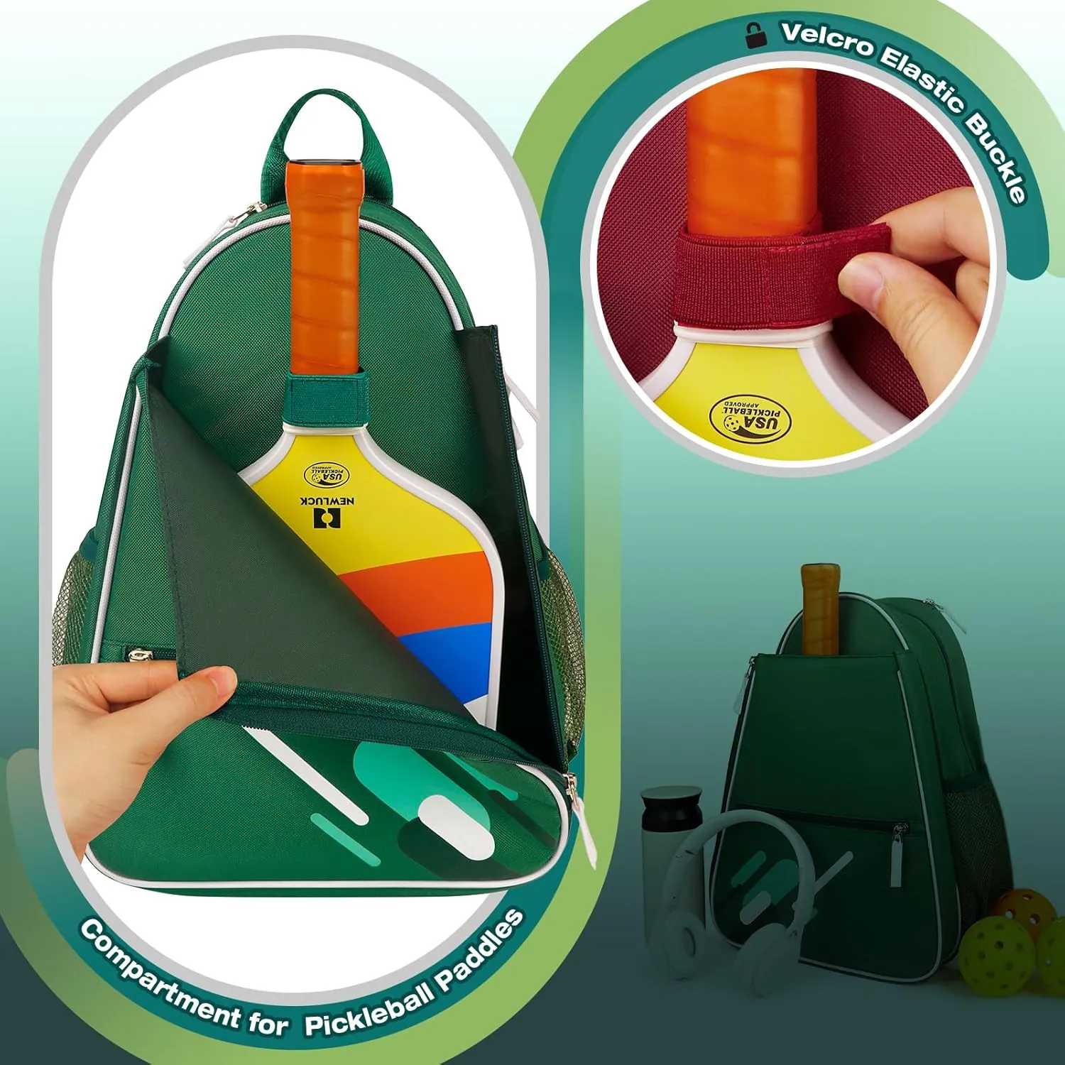 Newluck Pickleball Bag Duffle Crossbody Sling Pickle Ball Accessories Gift for Women Men Boy girl with Fence Hook Large Capacity The Shoulder Straps Are Adjustable Fashionable Versatile Teal