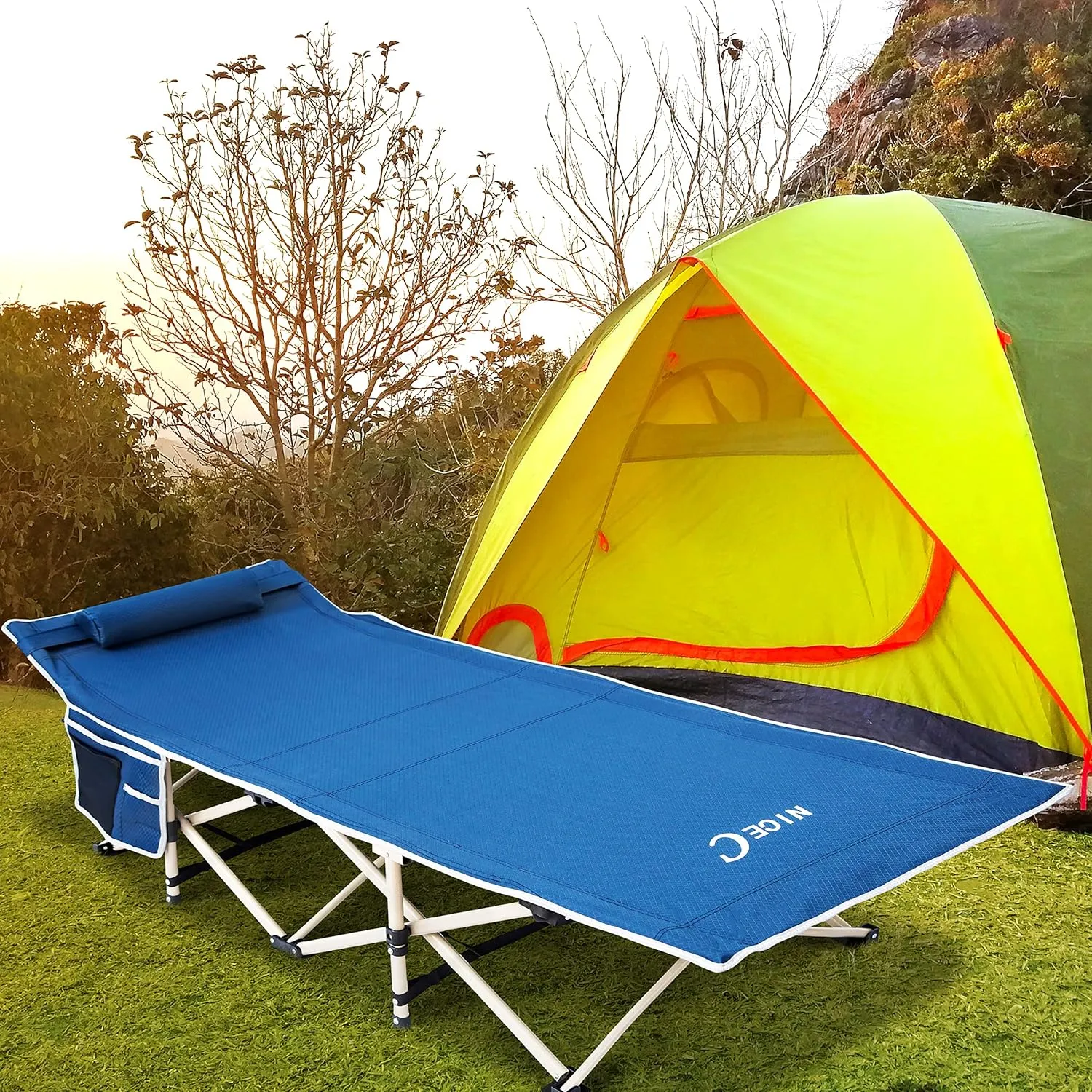 Nice C Camping Cots, Cots for Adults, Folding Cot, with Pillow, Carry Bag & Storage Pocket, Extra Wide Sturdy, Holds Up to 500 Lbs (2, Blue)