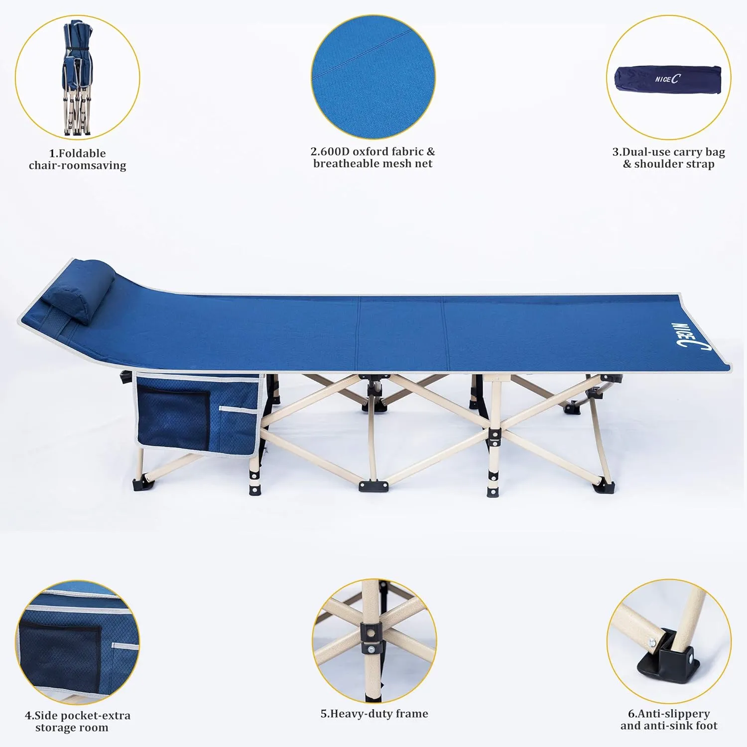Nice C Camping Cots, Cots for Adults, Folding Cot, with Pillow, Carry Bag & Storage Pocket, Extra Wide Sturdy, Holds Up to 500 Lbs (2, Blue)
