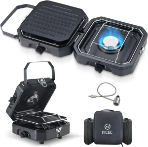 Nice C Camping Stove, Camping Stove Propane, 2 Burner Propane Camping Stove with Grill, Camp Stove, Portable Stove, 16,000 BTU Camp Stove with 2 Burner, Grill & Carry Bag for Camping
